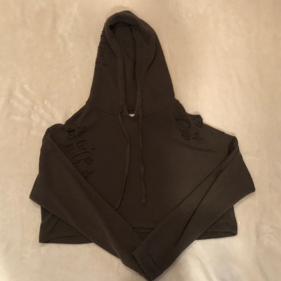 A dark greenish- brown ripped hoodie cropped top - Picture 1 of 2
